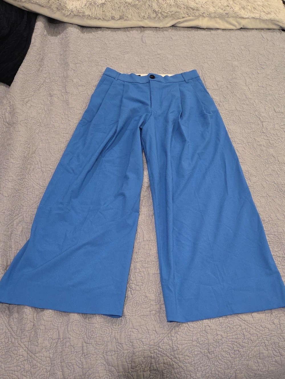 Zara High-Waisted Wide-Leg Pleated Trousers - Cornflower Blue - Size S